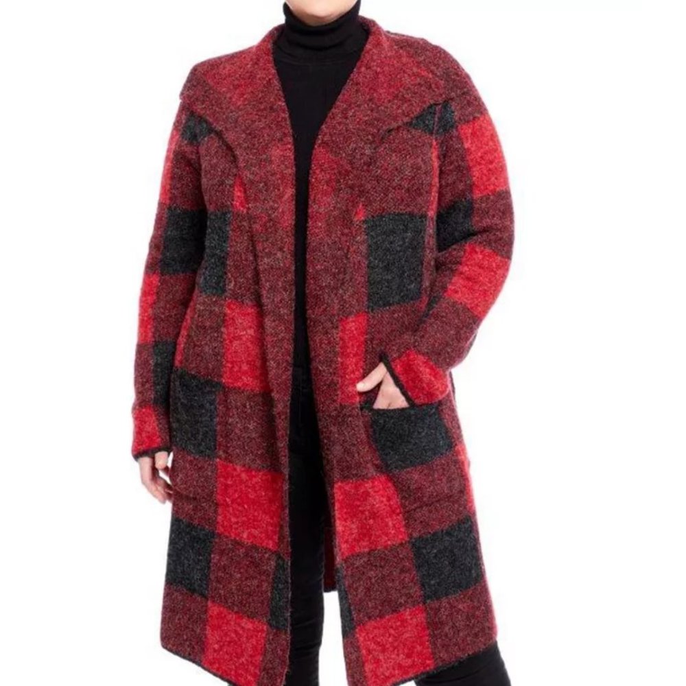 *Cyrus Black Plaid Duster Drape Collar Coatigan Sweater